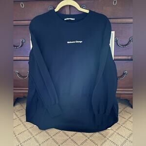 Zara black long sleeve sweatshirt w shirt back and high low hem, white text ~ S